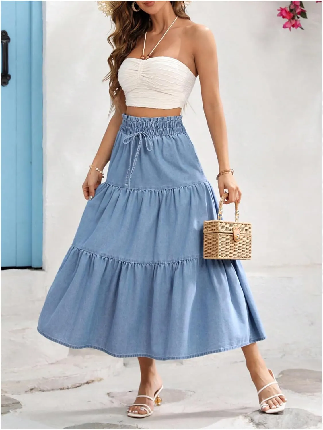 SweatyRocks Women's Ruffle Midi Skirt High Waist Bow Decor Ruffled Denim Long Skirts