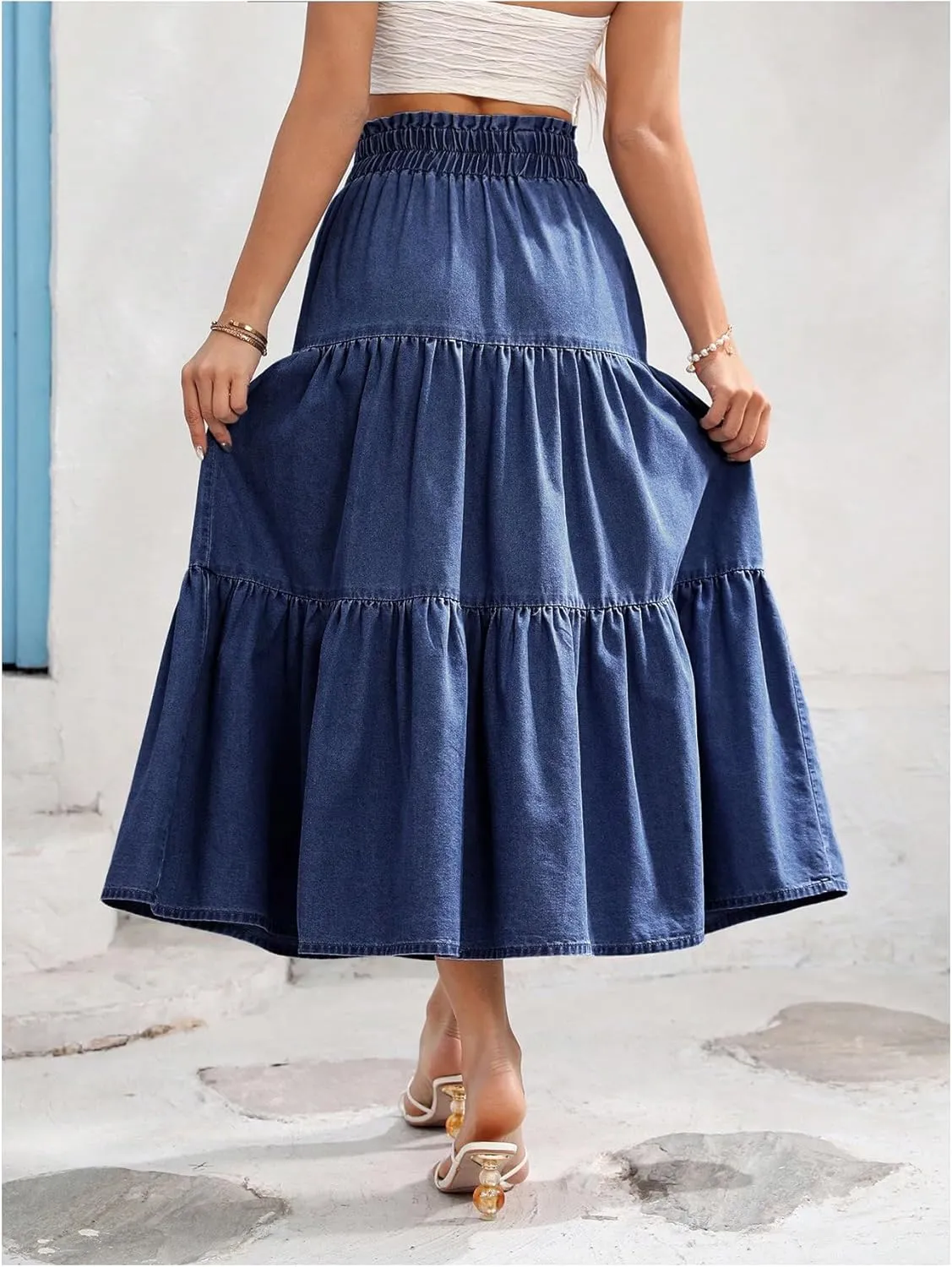 SweatyRocks Women's Ruffle Midi Skirt High Waist Bow Decor Ruffled Denim Long Skirts