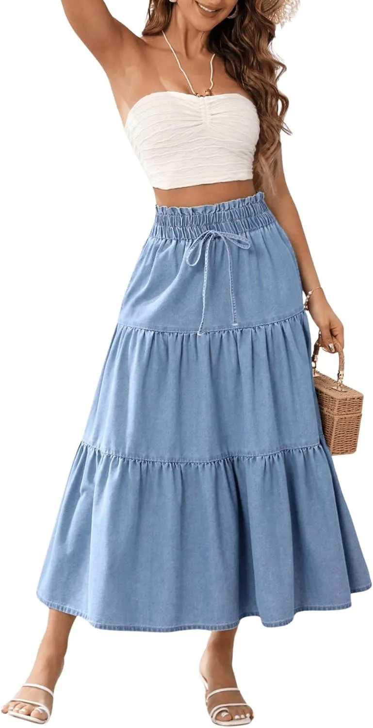 SweatyRocks Women's Ruffle Midi Skirt High Waist Bow Decor Ruffled Denim Long Skirts