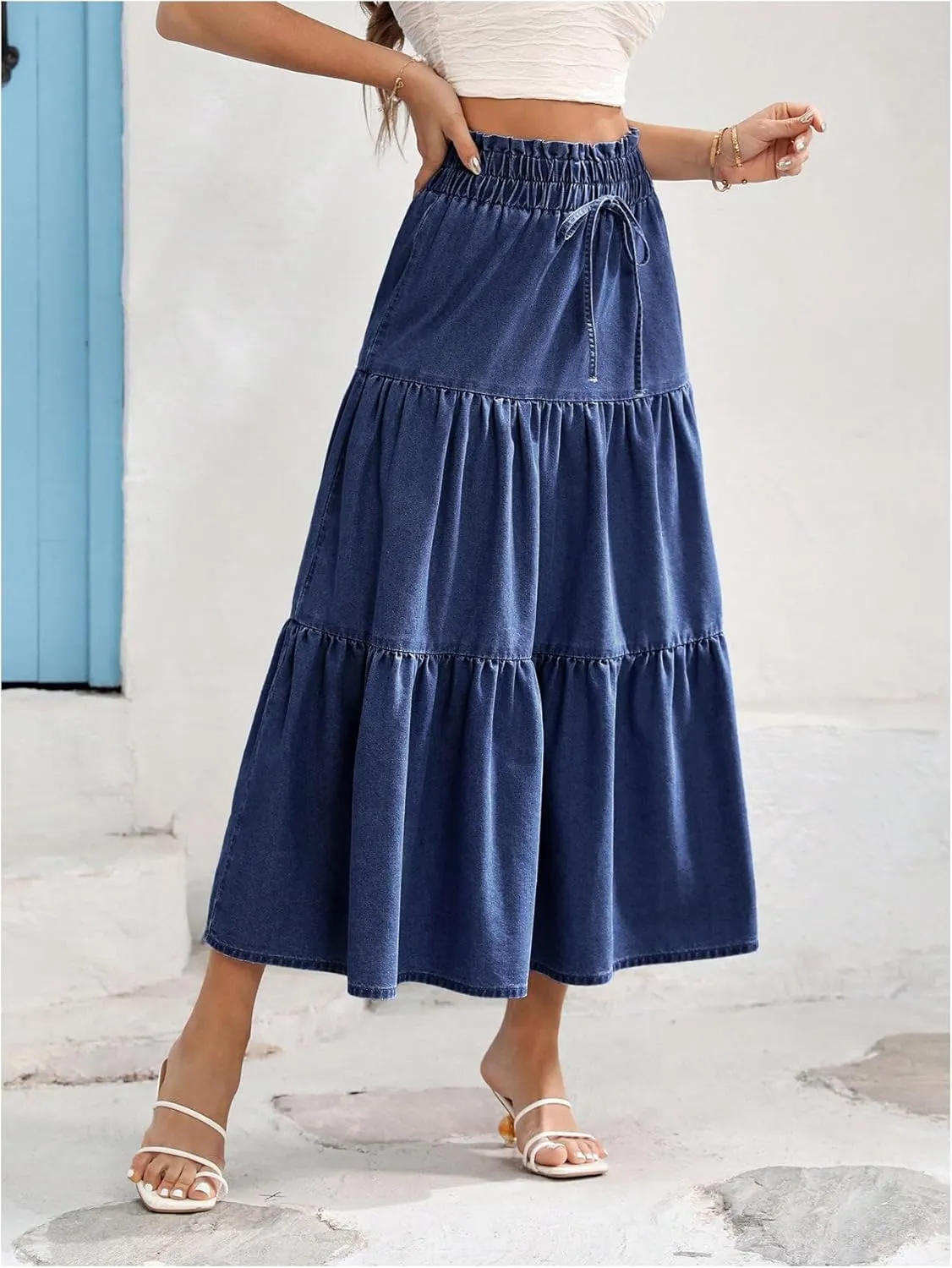 SweatyRocks Women's Ruffle Midi Skirt High Waist Bow Decor Ruffled Denim Long Skirts