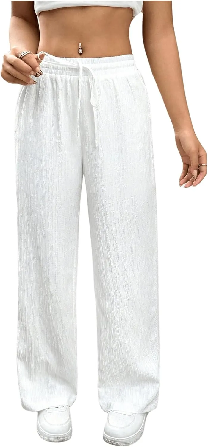 SweatyRocks Women's Textured High Waisted Drawstring Pant Loose Linen Wide Leg Pants Trousers