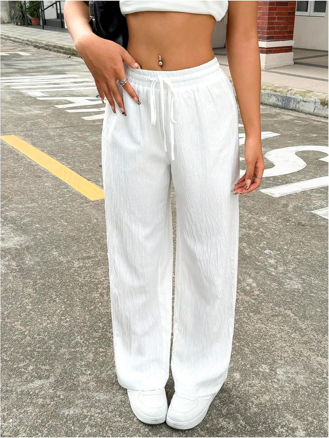SweatyRocks Women's Textured High Waisted Drawstring Pant Loose Linen Wide Leg Pants Trousers