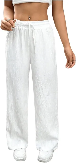 SweatyRocks Women's Textured High Waisted Drawstring Pant Loose Linen Wide Leg Pants Trousers