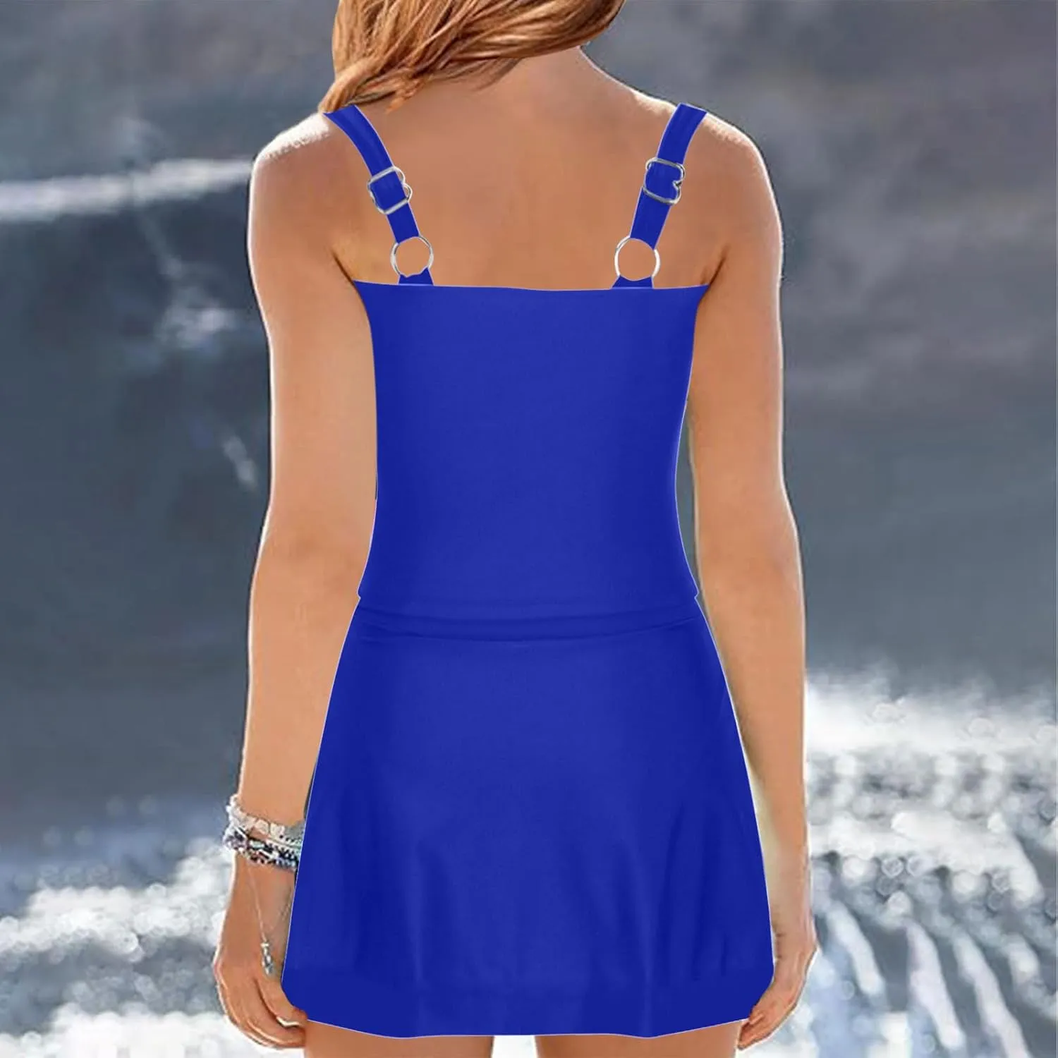 Swim Dress Tummy Control Tankini Tops for Women Two Piece Skirts Bathing Suit Solid Color Summer Beach Swimsuits