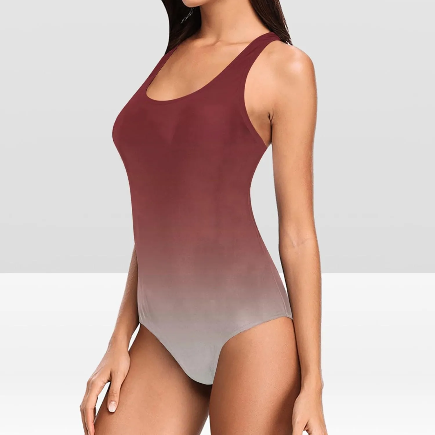Swimsuit for Women 2024 Ombre Color Square Neck Racer Back One Piece Bathing Suits Modest Slimming Athletic Swimwear