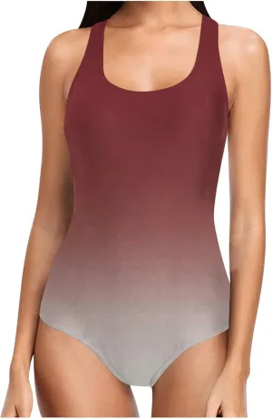 Swimsuit for Women 2024 Ombre Color Square Neck Racer Back One Piece Bathing Suits Modest Slimming Athletic Swimwear