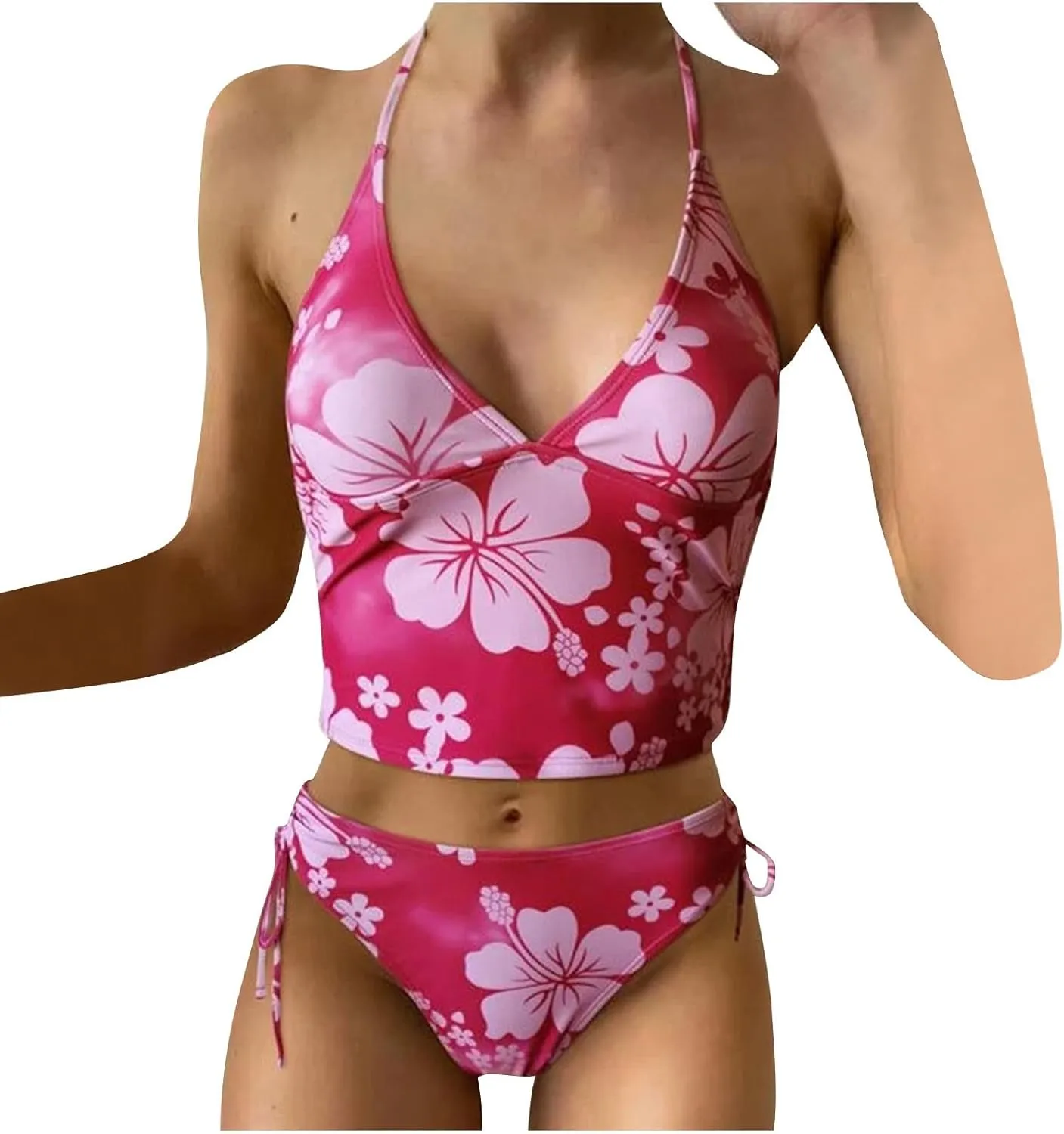 Tankini Bathing Suit for Women Halter V Neck Hawaii Tropical Floral Print Low Back Swimsuit Sexy 2 Piece Swimwear