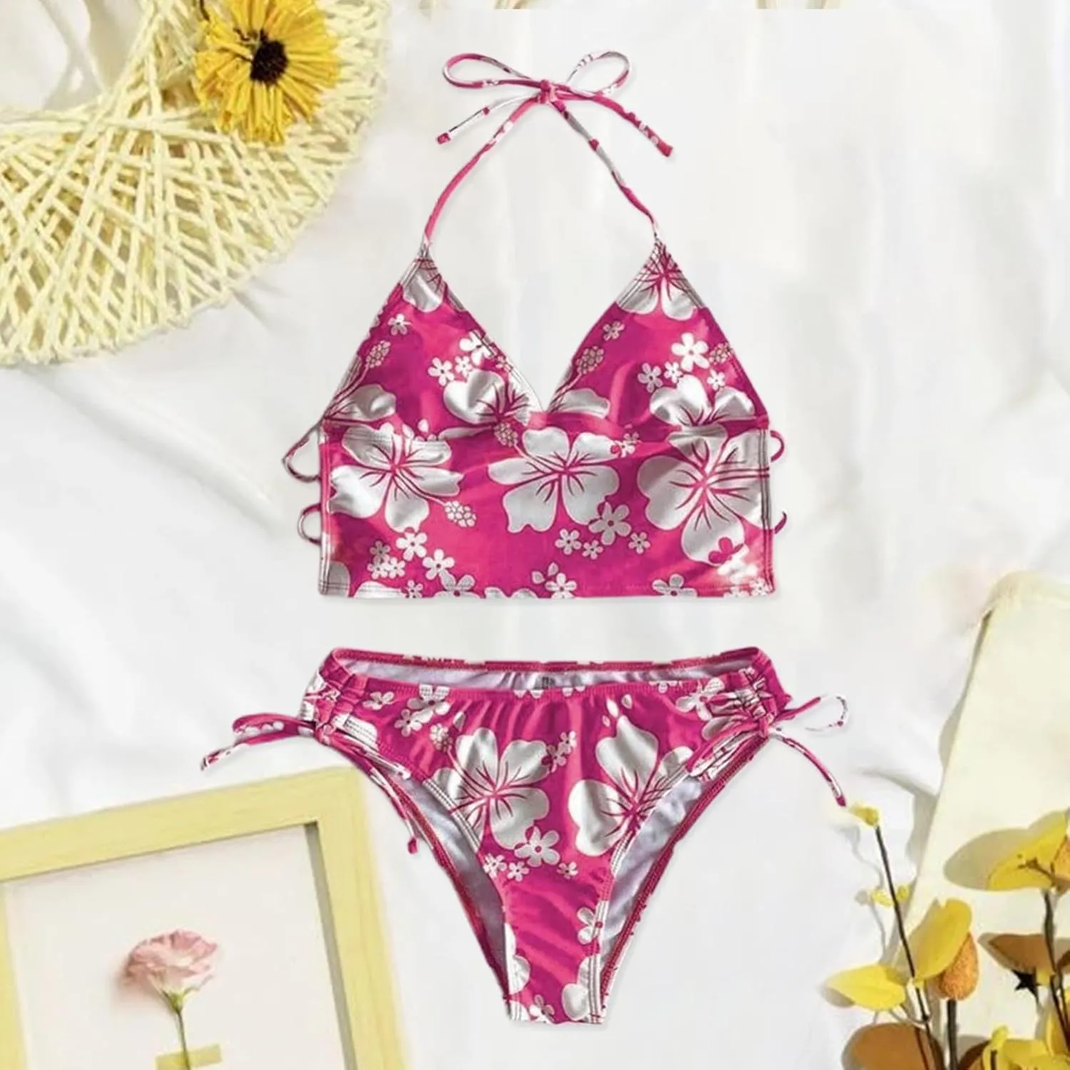 Tankini Bathing Suit for Women Halter V Neck Hawaii Tropical Floral Print Low Back Swimsuit Sexy 2 Piece Swimwear
