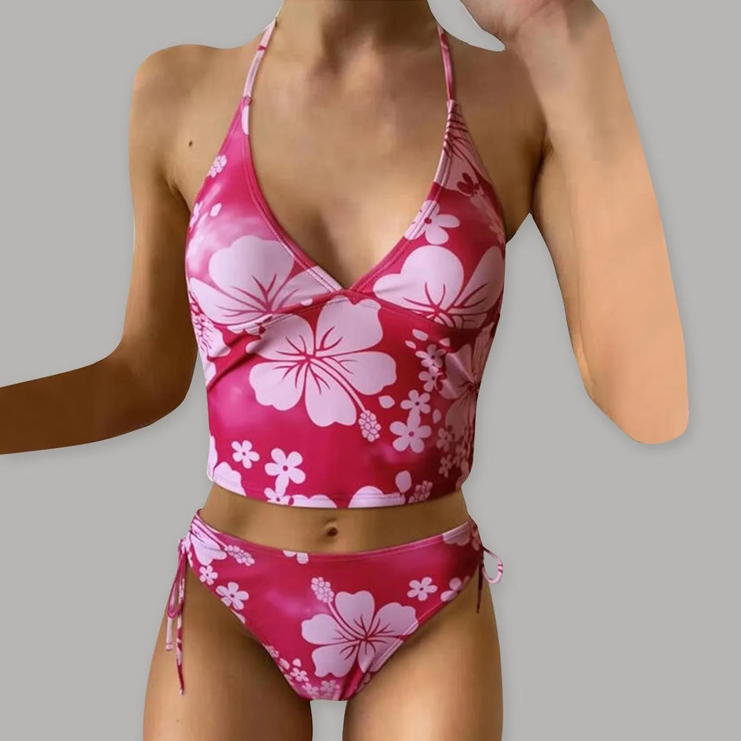 Tankini Bathing Suit for Women Halter V Neck Hawaii Tropical Floral Print Low Back Swimsuit Sexy 2 Piece Swimwear