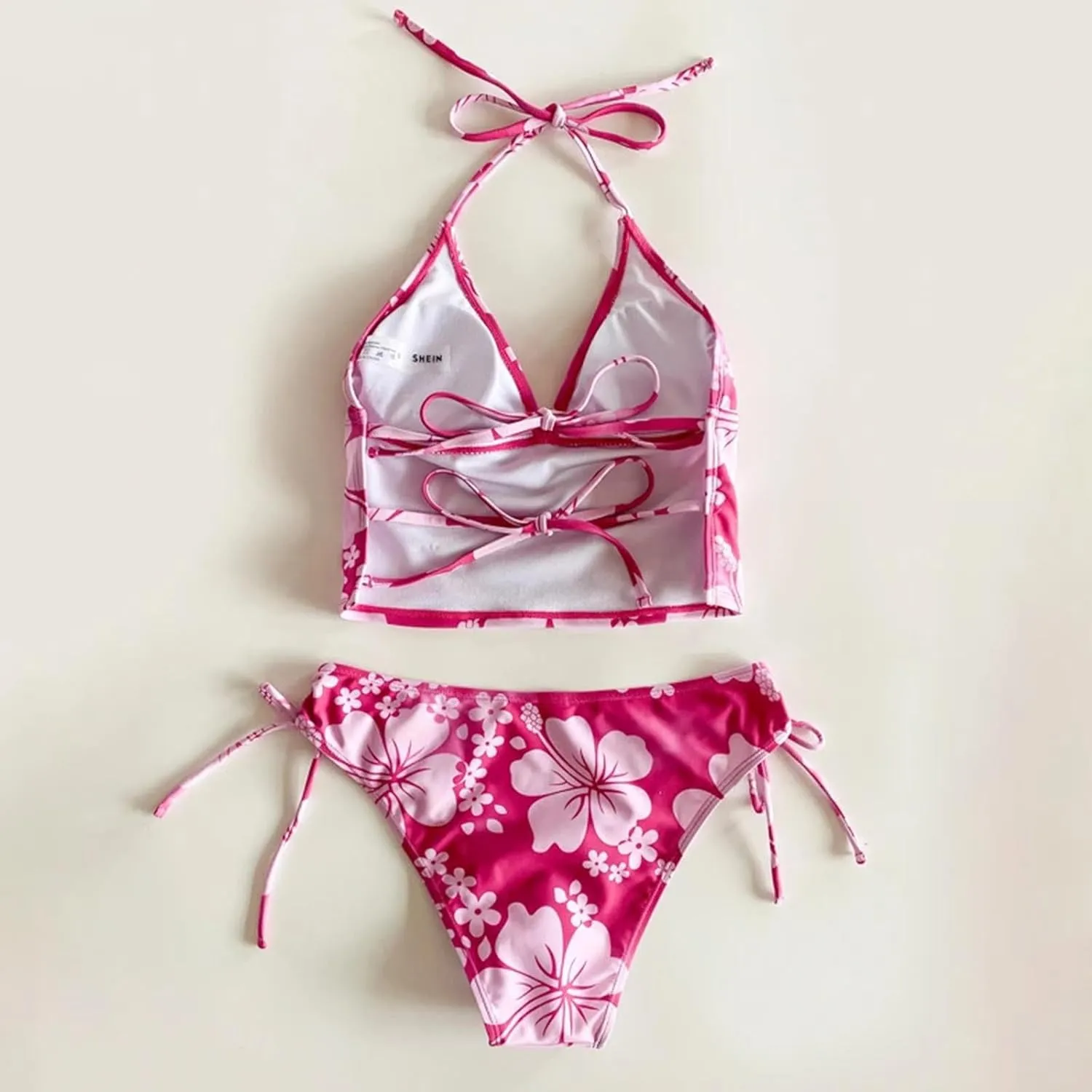 Tankini Bathing Suit for Women Halter V Neck Hawaii Tropical Floral Print Low Back Swimsuit Sexy 2 Piece Swimwear