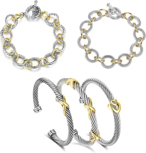TAYASE Designer Inspired 5PC Bracelet Set, Two Tone Cable Bangles & Crystal Link Bracelets, Silver Gold Mixed Metal Fashion Jewelry Sets for Women