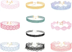 Teensery 10Pcs Womens Choker Necklaces Assorted Color Lace Charm Stretch Gothic Tattoo Chokers Necklace Set