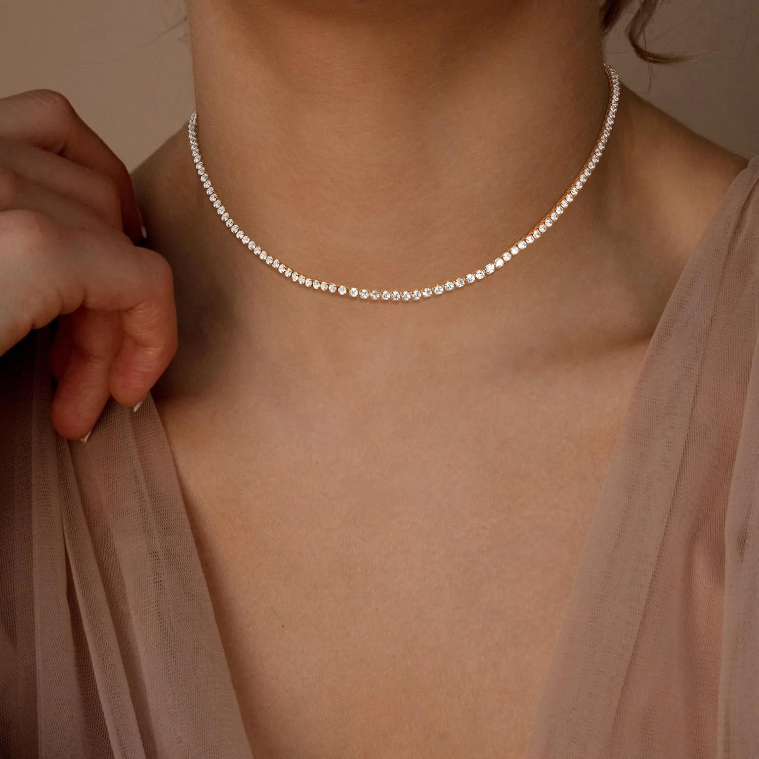 Tennis Necklace for Women, 14K Gold Plated/Sterling Silver Cubic Zirconia Tennis Chain, Dainty Rhinestone Choker Necklaces for Women Jewelry