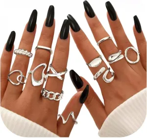 THUNARAZ 12 PCS Stackable Gold Rings for Women Adjustable Open Chunky Rings,14K Gold Plated Twisted Round Signet Rings for Gift