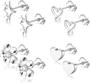THUNARAZ Hypoallergenic Stud Earrings for Women Sterling Silver Post Earrings for Sensitive Ears Dainty Simple Flower Star Heart Stud Earrings for Women Pierced Earrings Jewelry Gifts