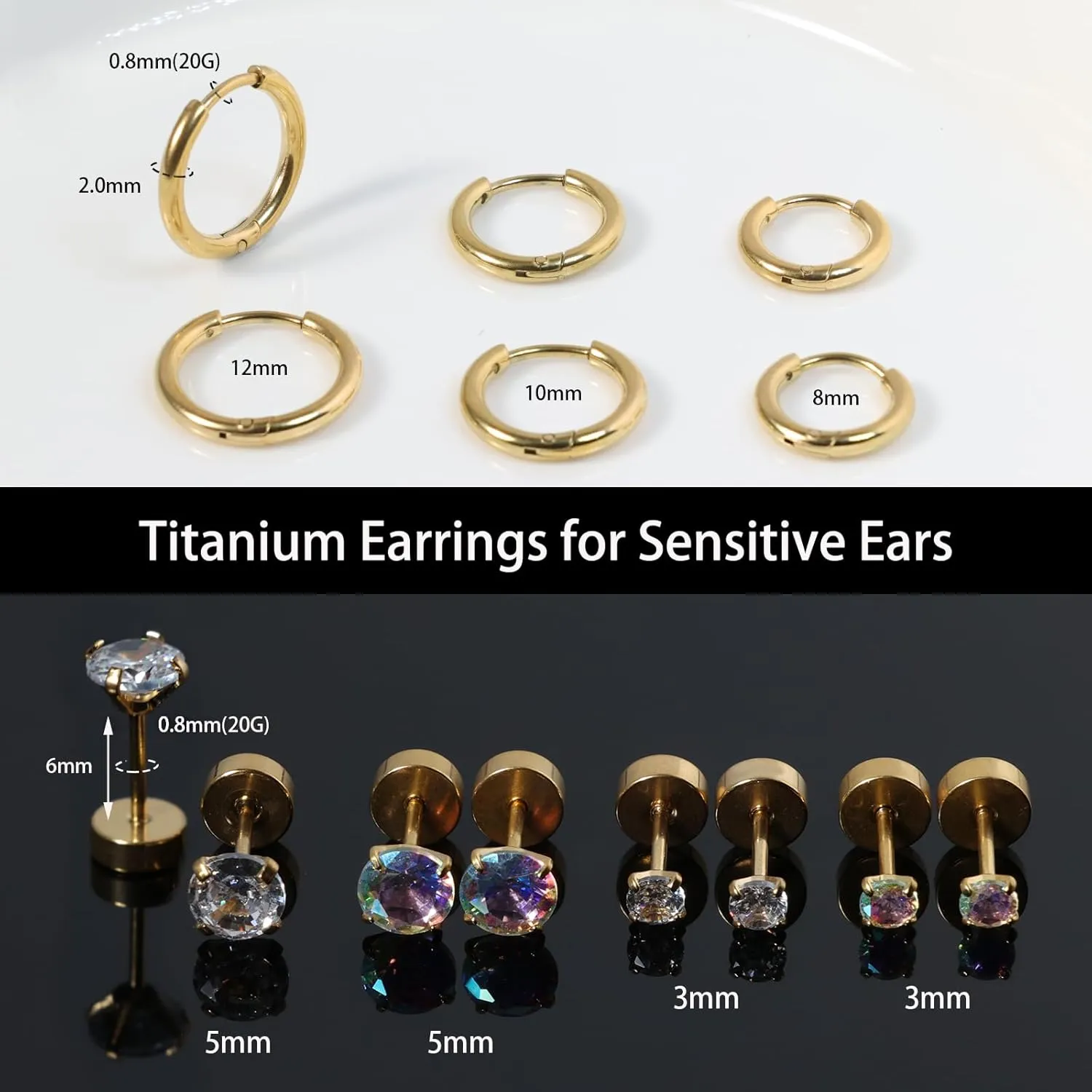 Titanium Earrings for Sensitive Ears - Flat Back Stud & Hoop Earrings Set, Hypoallergenic Surgical Stainless Steel Cubic Zirconia, 7 Pairs