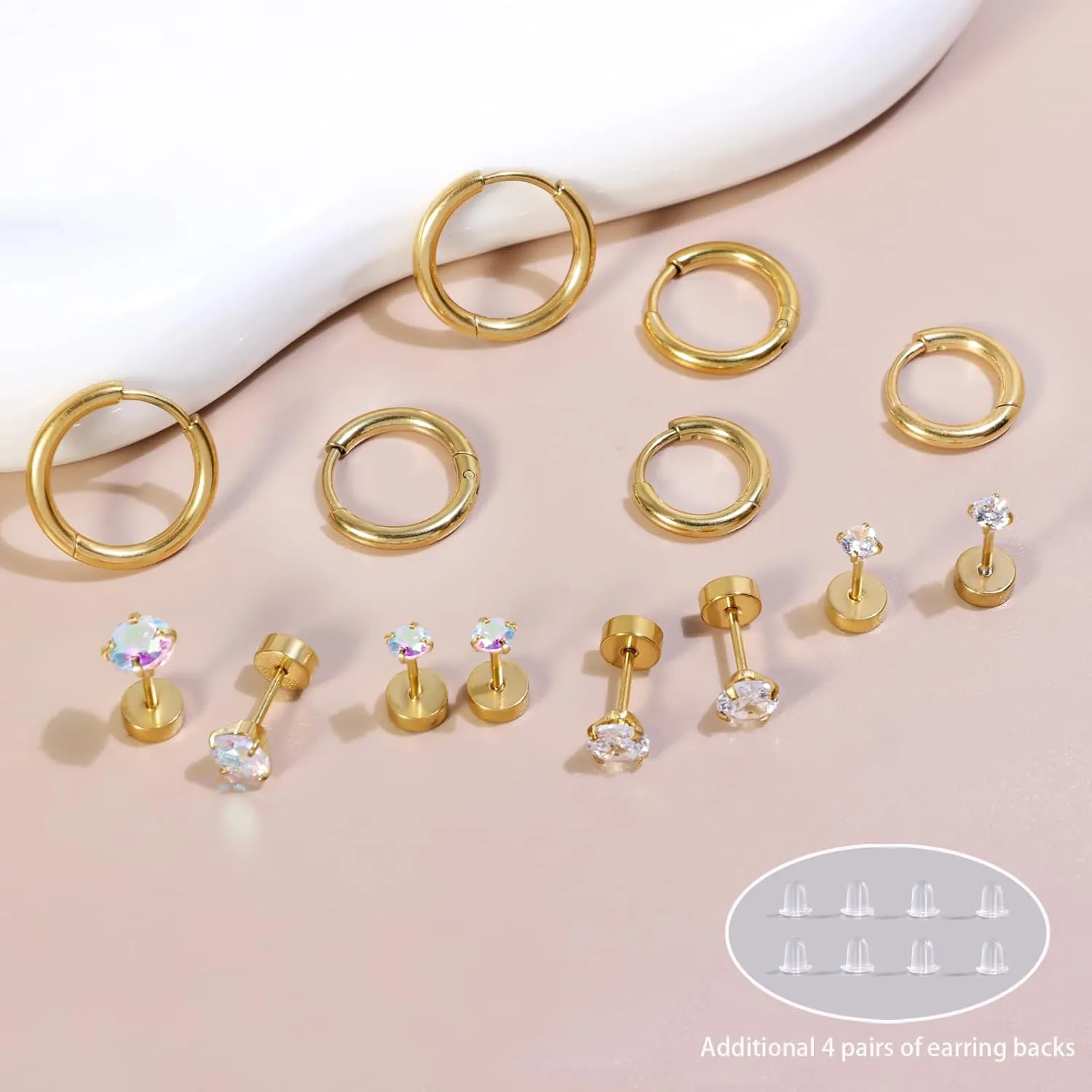Titanium Earrings for Sensitive Ears - Flat Back Stud & Hoop Earrings Set, Hypoallergenic Surgical Stainless Steel Cubic Zirconia, 7 Pairs
