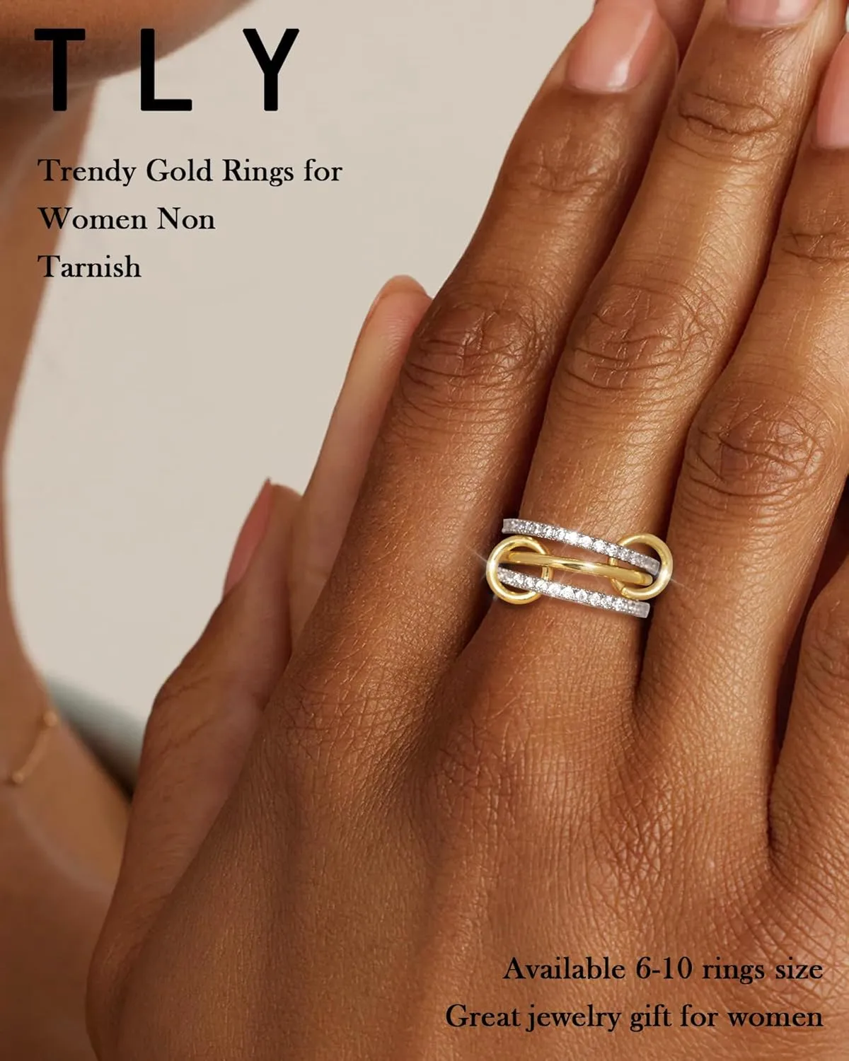 TLY Stackable Rings for Women Non Tarnish 18K Gold Plated Interlocking Ring Stack Set Gold Silver Mixed Metal Statement Rings Dainty Cubic Zirconia CZ Fashion Connected Band Thumb Ring Size 4-11 Jewelry Gift for Women