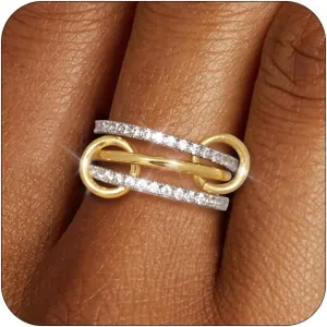 TLY Stackable Rings for Women Non Tarnish 18K Gold Plated Interlocking Ring Stack Set Gold Silver Mixed Metal Statement Rings Dainty Cubic Zirconia CZ Fashion Connected Band Thumb Ring Size 4-11 Jewelry Gift for Women
