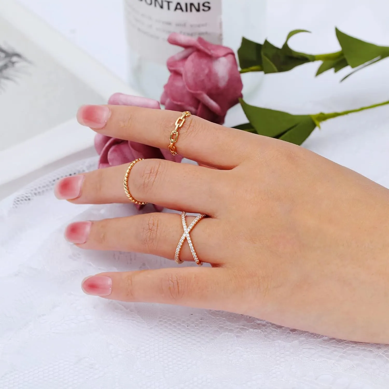 TOBENY 8PCS 14K Rings for Women Stackable Knuckle Rings Size 4 to Size 12 Rings 1.5mm- 3.8mm Midi Stacking Eternity Wedding Rings