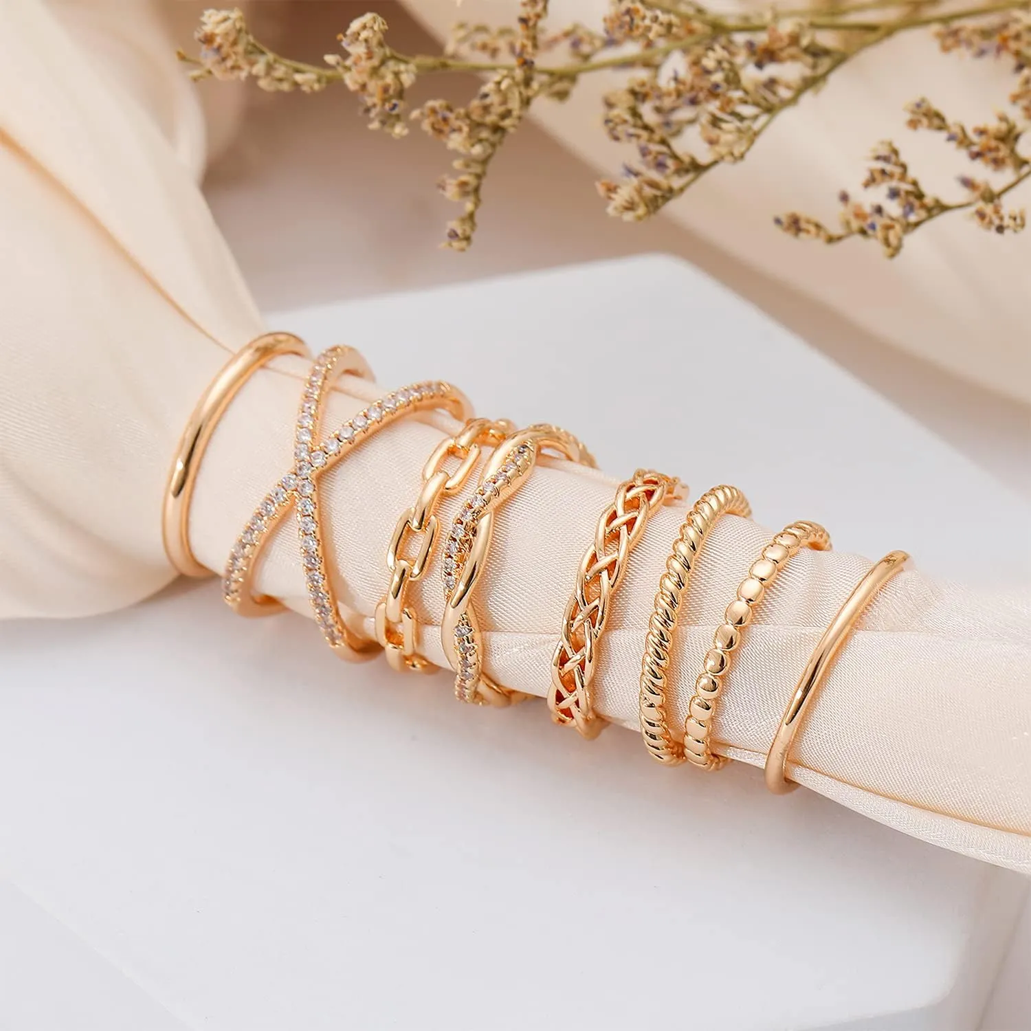 TOBENY 8PCS 14K Rings for Women Stackable Knuckle Rings Size 4 to Size 12 Rings 1.5mm- 3.8mm Midi Stacking Eternity Wedding Rings
