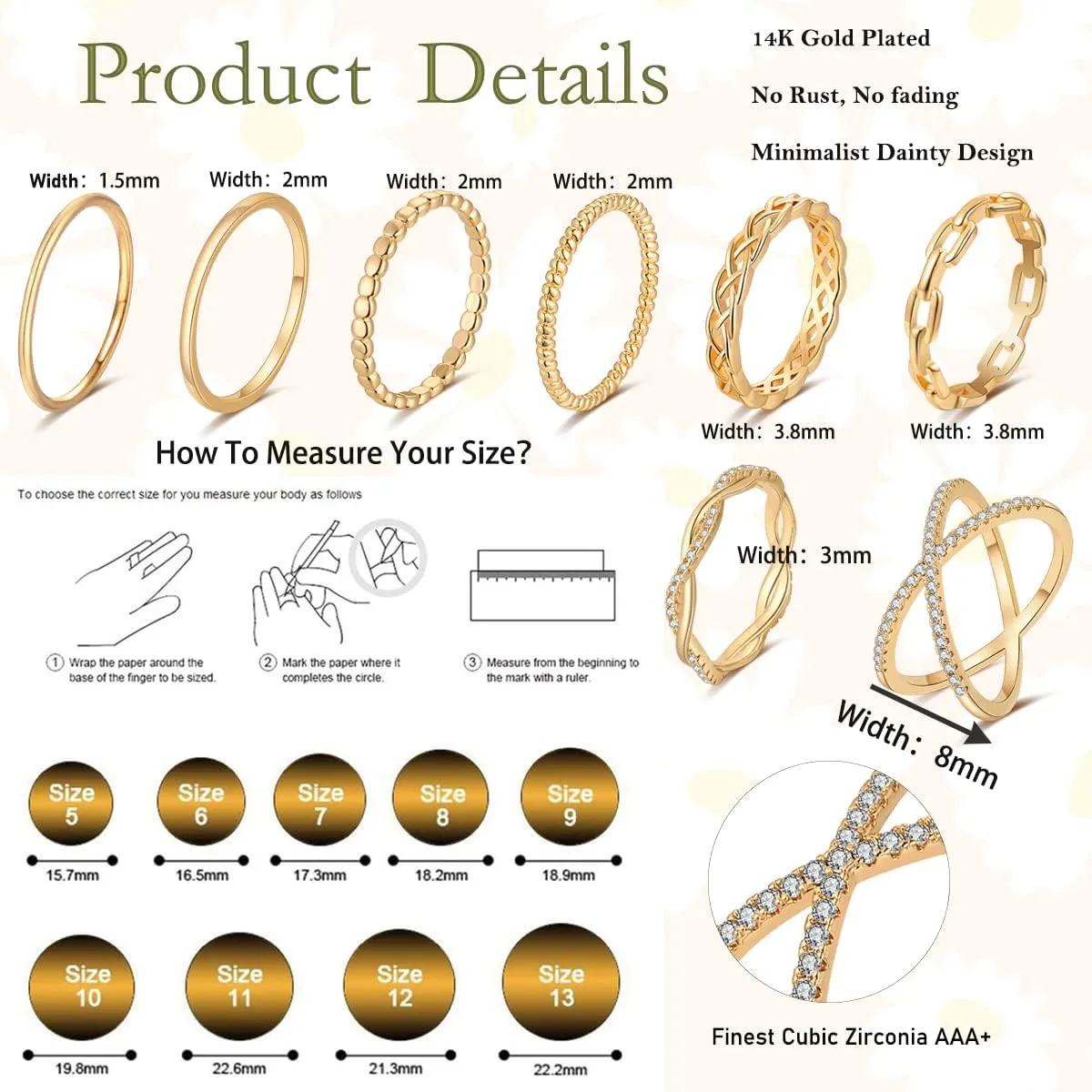 TOBENY 8PCS 14K Rings for Women Stackable Knuckle Rings Size 4 to Size 12 Rings 1.5mm- 3.8mm Midi Stacking Eternity Wedding Rings