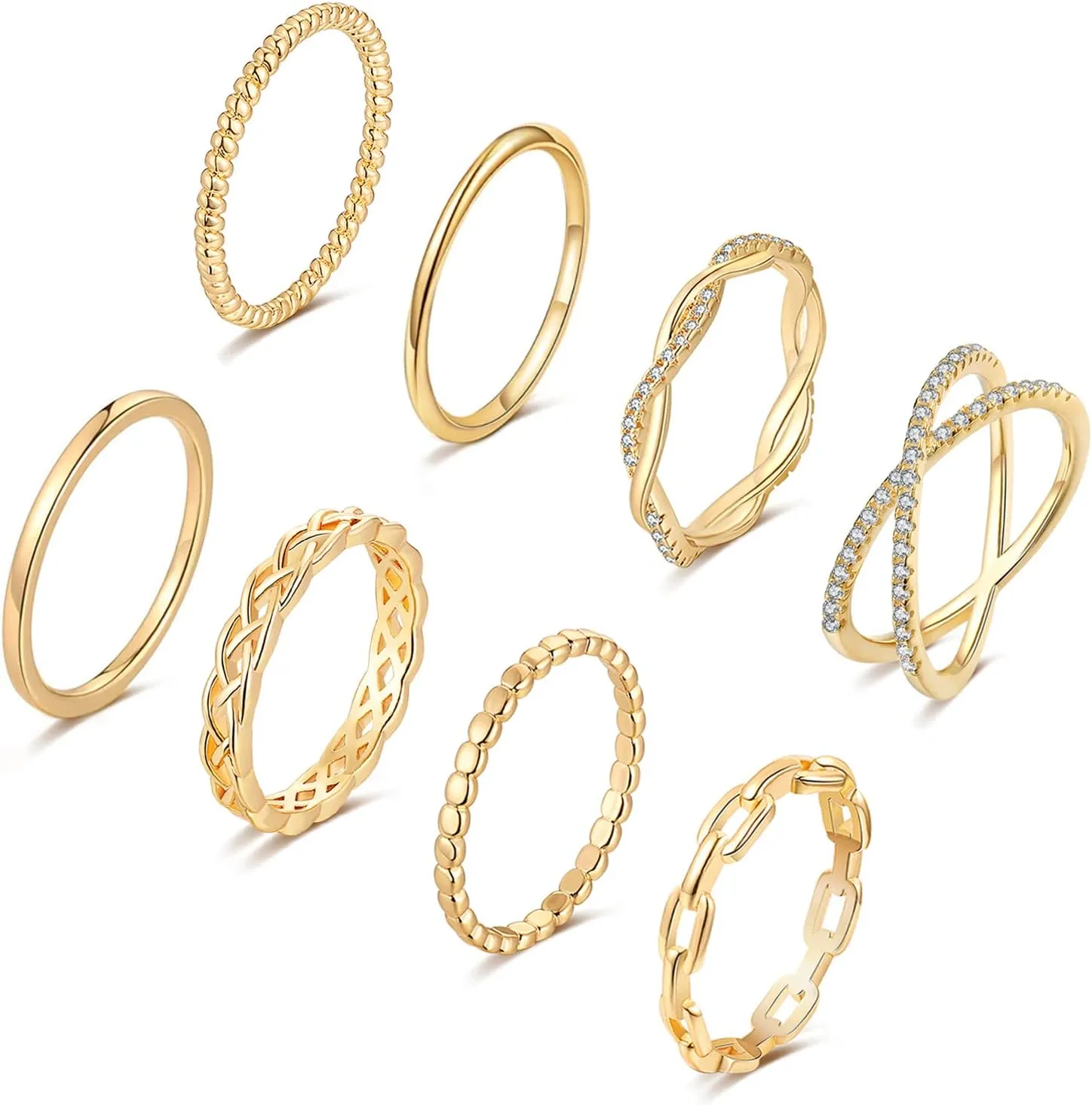 TOBENY 8PCS 14K Rings for Women Stackable Knuckle Rings Size 4 to Size 12 Rings 1.5mm- 3.8mm Midi Stacking Eternity Wedding Rings