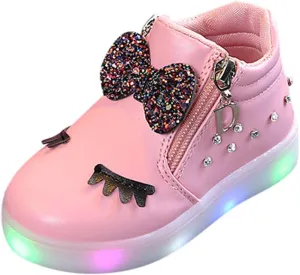 Toddler Girls ??hinestone Light Up Sneaker High Top Slip On Rubber Bottom Zipper Cute Fashion Baby Dressing Shoes Girl
