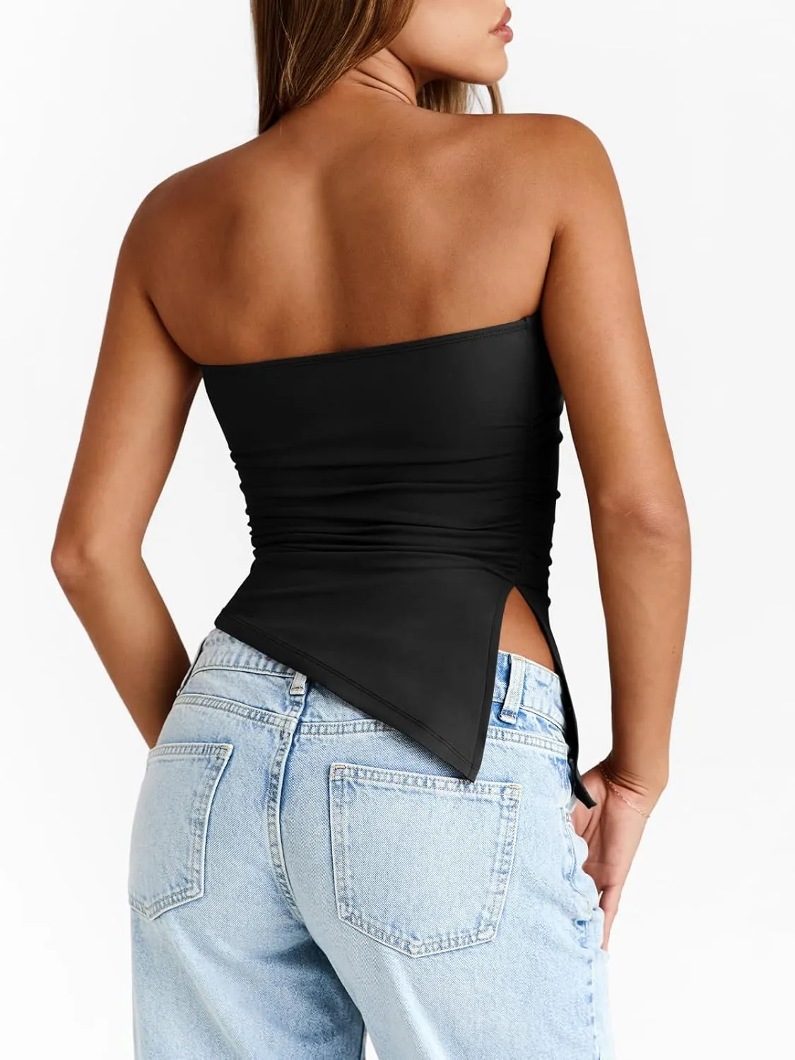 Trendy Queen Womens Summer Going Out Tube Tops Strapless Asymmetrical Bandeau Backless Corset Cute Teen Girls Y2k Shirts