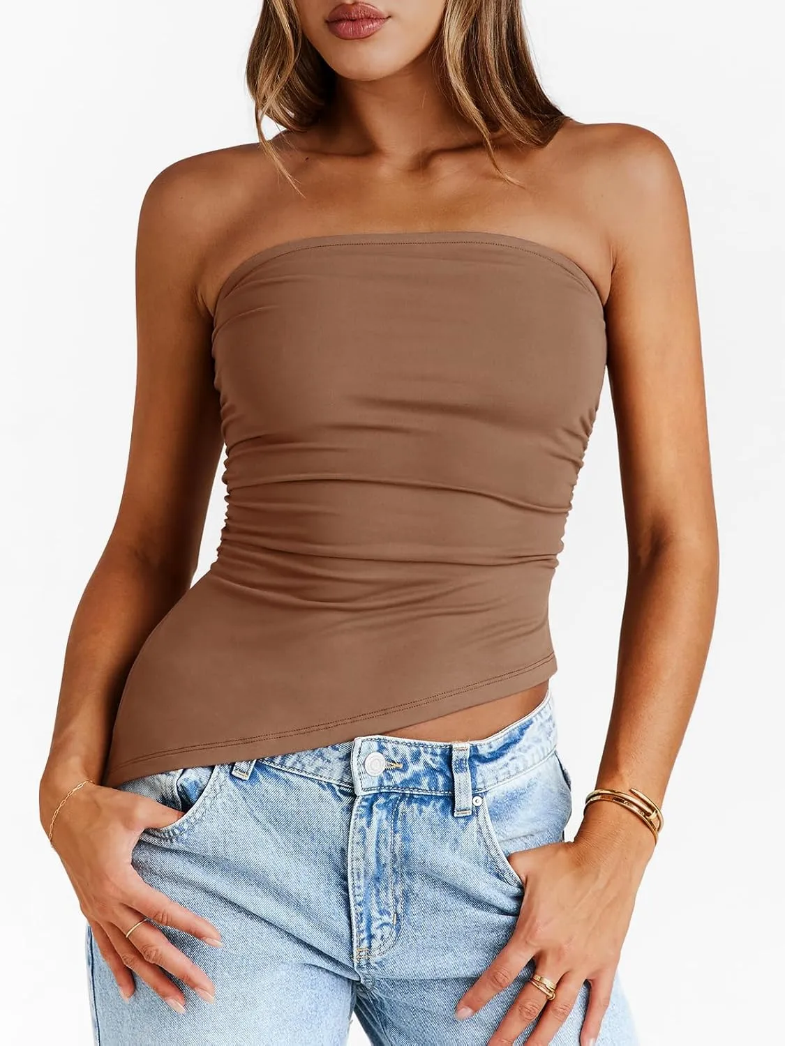 Trendy Queen Womens Summer Going Out Tube Tops Strapless Asymmetrical Bandeau Backless Corset Cute Teen Girls Y2k Shirts