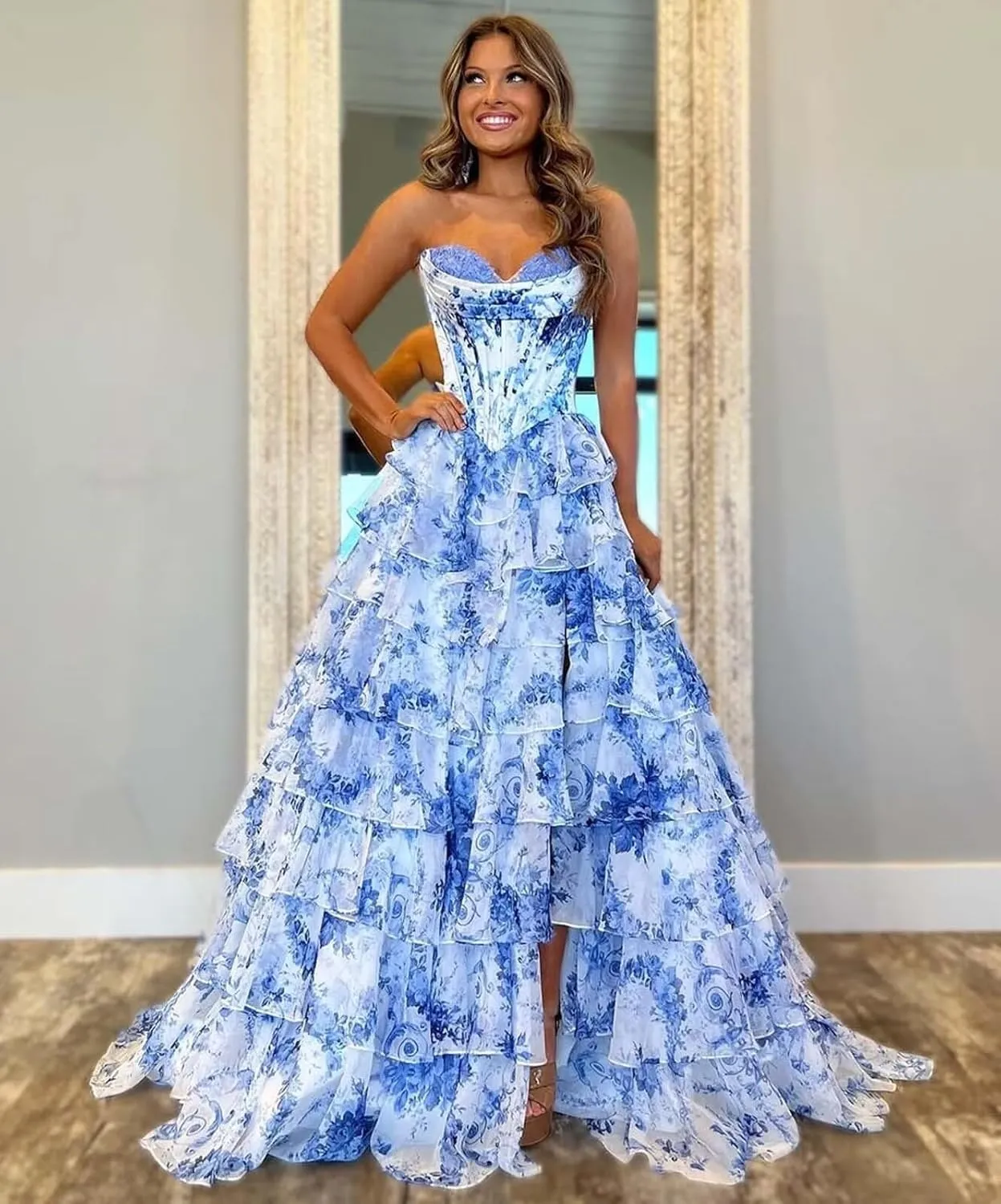 Tulle Floral Print Prom Dress Long Slit Corset Tiered Formal Dress Strapless Sweetheart Evening Gown with Pockets