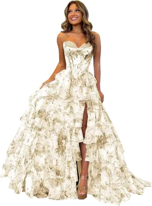 Tulle Floral Print Prom Dress Long Slit Corset Tiered Formal Dress Strapless Sweetheart Evening Gown with Pockets