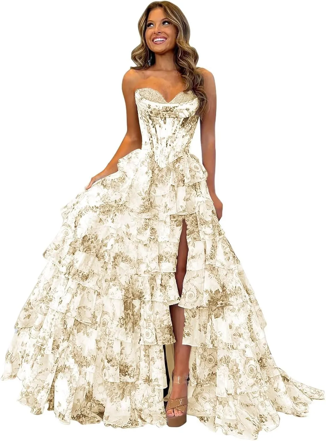 Tulle Floral Print Prom Dress Long Slit Corset Tiered Formal Dress Strapless Sweetheart Evening Gown with Pockets