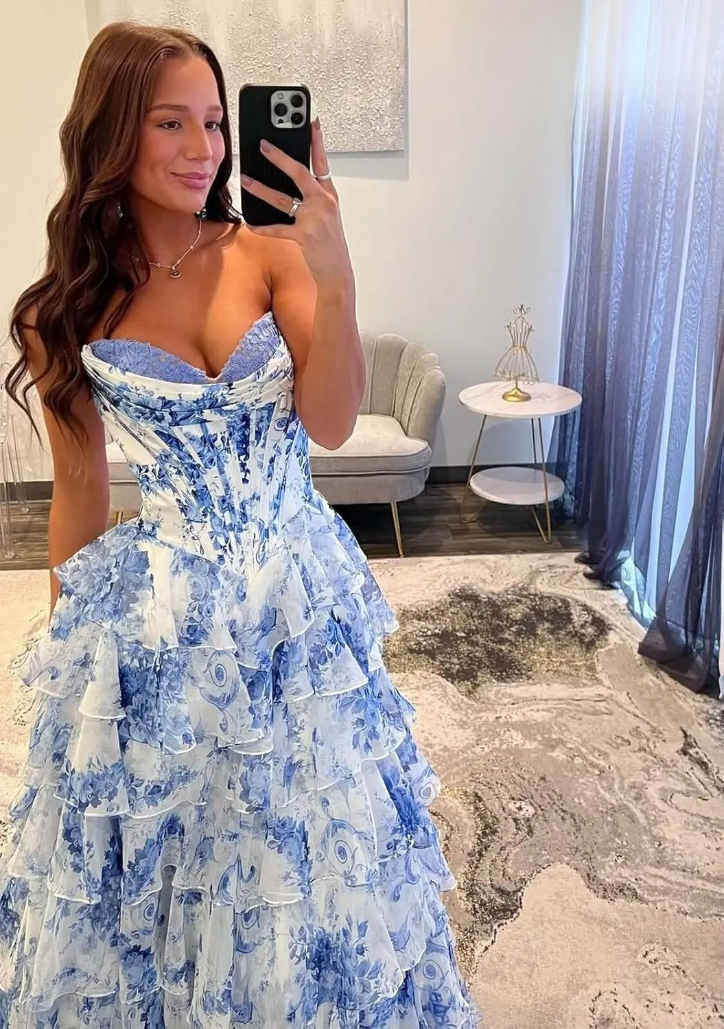 Tulle Floral Print Prom Dress Long Slit Corset Tiered Formal Dress Strapless Sweetheart Evening Gown with Pockets