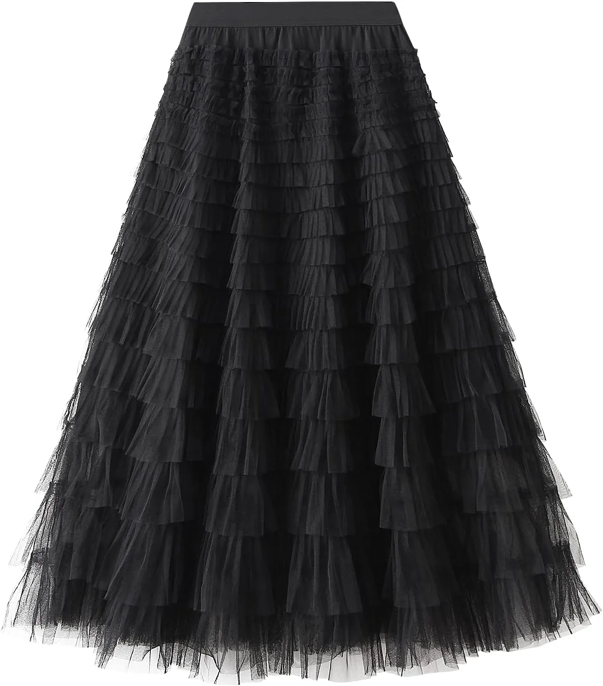 Tulle Long Skirt for Women Layered Ruffle Tutu Skirt Elastic Tiered Pleated Mesh A-Line Midi Skirts Prom Wedding
