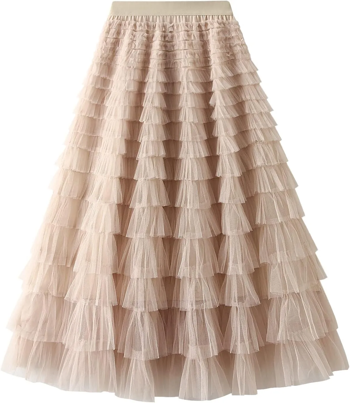 Tulle Long Skirt for Women Layered Ruffle Tutu Skirt Elastic Tiered Pleated Mesh A-Line Midi Skirts Prom Wedding