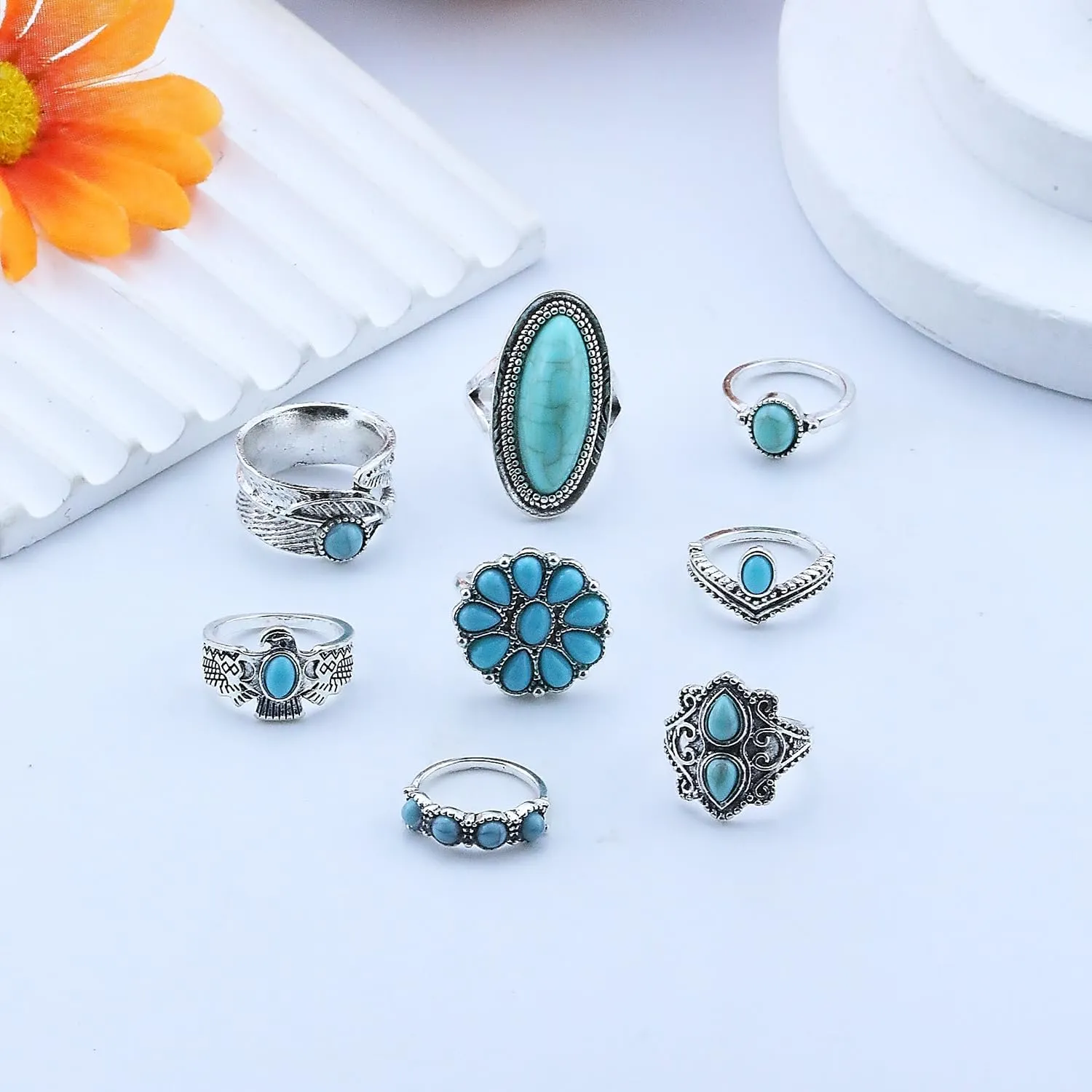 Turquoise Ring for Women Bohemian Stackable Knuckle Rings Set Boho Turquoise Finger Ring Vintage Oval Flower Starfish Teardrop Midi Snake Ring Western Rings Jewelry