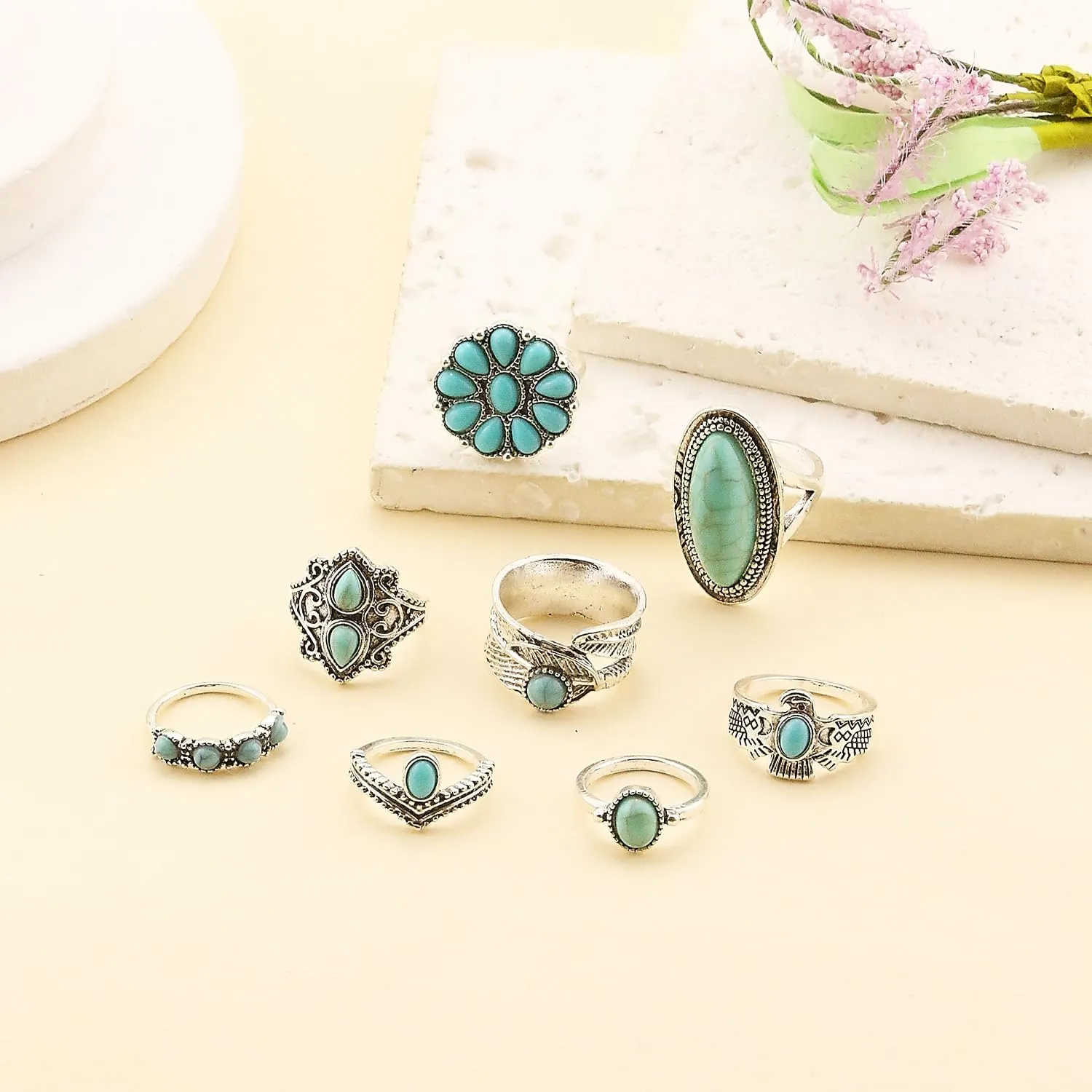 Turquoise Ring for Women Bohemian Stackable Knuckle Rings Set Boho Turquoise Finger Ring Vintage Oval Flower Starfish Teardrop Midi Snake Ring Western Rings Jewelry