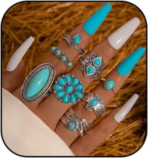 Turquoise Ring for Women Bohemian Stackable Knuckle Rings Set Boho Turquoise Finger Ring Vintage Oval Flower Starfish Teardrop Midi Snake Ring Western Rings Jewelry