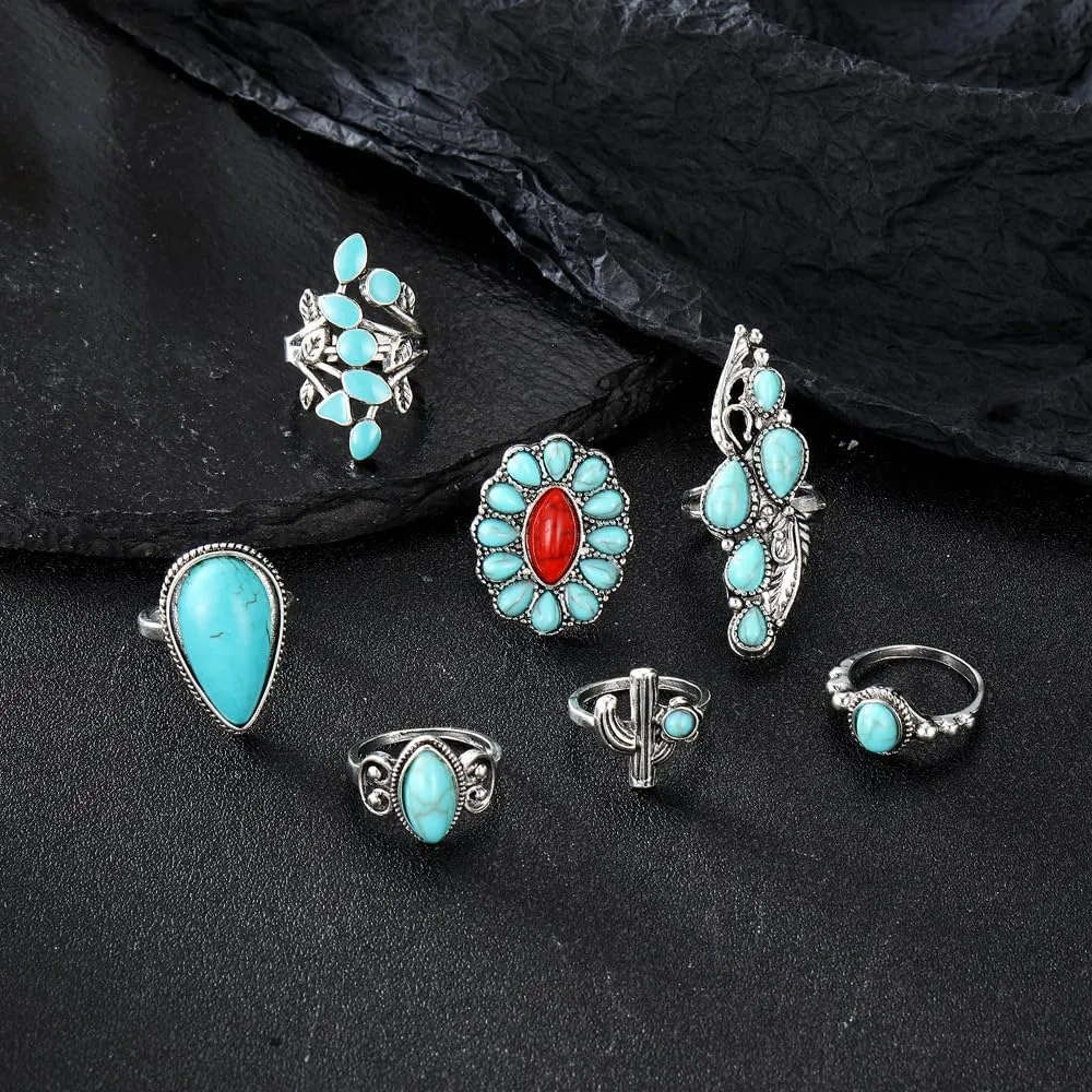 Turquoise Ring for Women Bohemian Stackable Knuckle Rings Set Boho Turquoise Finger Ring Vintage Oval Flower Starfish Teardrop Midi Snake Ring Western Rings Jewelry
