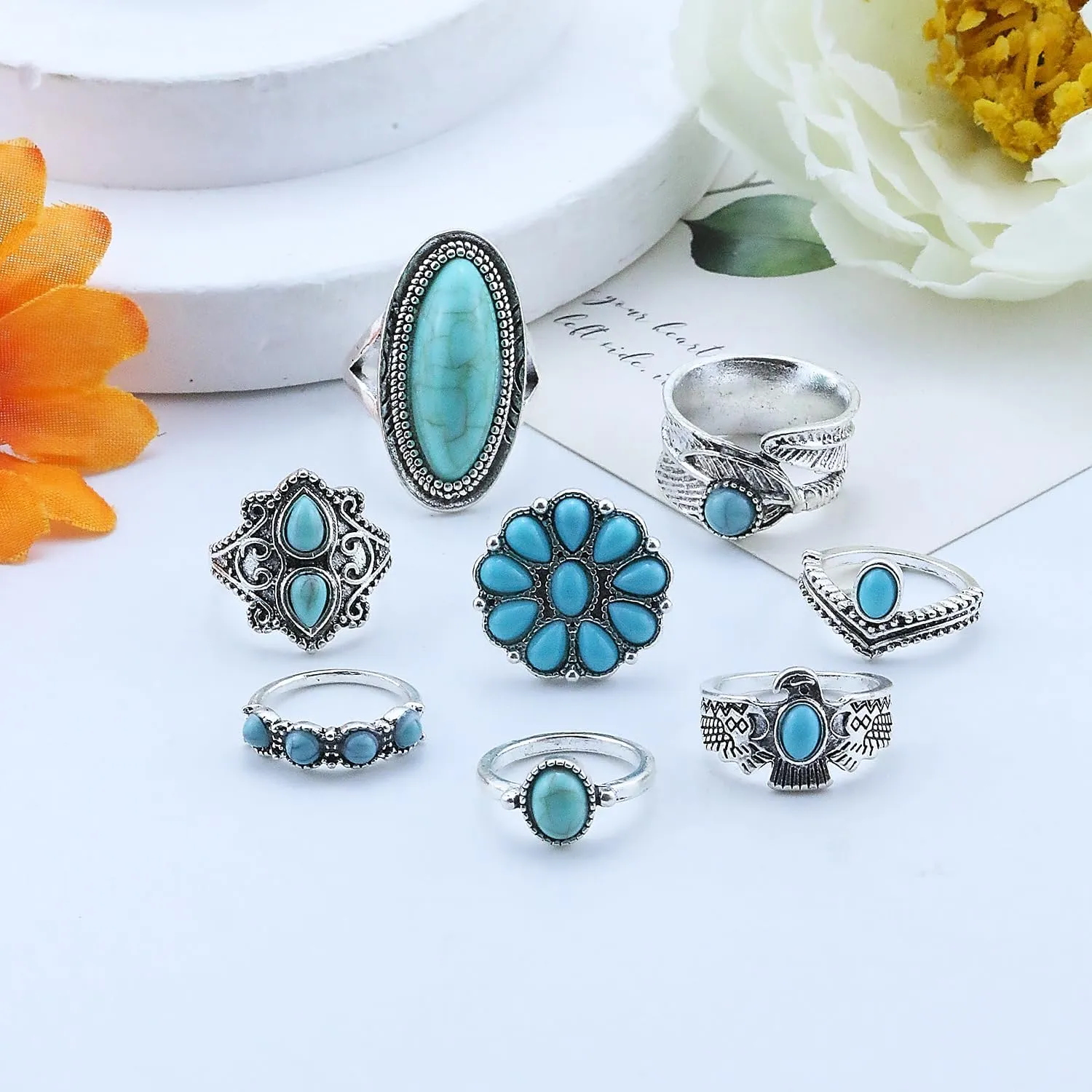 Turquoise Ring for Women Bohemian Stackable Knuckle Rings Set Boho Turquoise Finger Ring Vintage Oval Flower Starfish Teardrop Midi Snake Ring Western Rings Jewelry