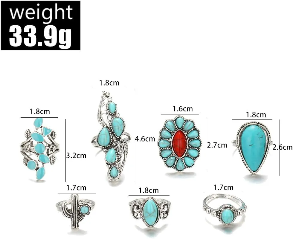 Turquoise Ring for Women Bohemian Stackable Knuckle Rings Set Boho Turquoise Finger Ring Vintage Oval Flower Starfish Teardrop Midi Snake Ring Western Rings Jewelry