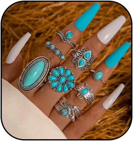 Turquoise Ring for Women Bohemian Stackable Knuckle Rings Set Boho Turquoise Finger Ring Vintage Oval Flower Starfish Teardrop Midi Snake Ring Western Rings Jewelry
