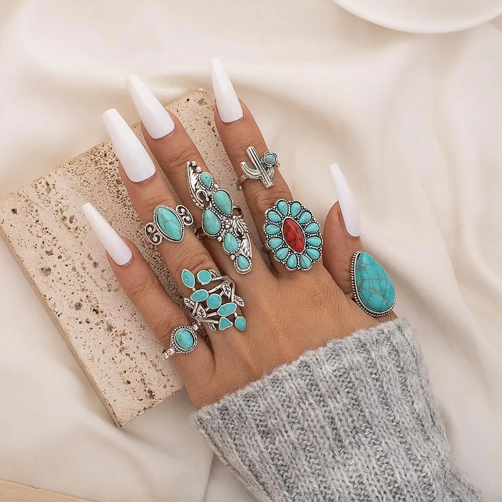 Turquoise Ring for Women Bohemian Stackable Knuckle Rings Set Boho Turquoise Finger Ring Vintage Oval Flower Starfish Teardrop Midi Snake Ring Western Rings Jewelry