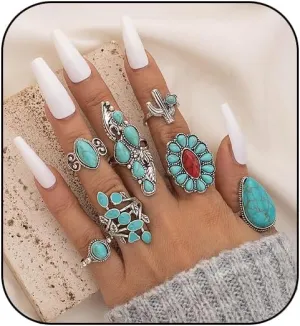 Turquoise Ring for Women Bohemian Stackable Knuckle Rings Set Boho Turquoise Finger Ring Vintage Oval Flower Starfish Teardrop Midi Snake Ring Western Rings Jewelry