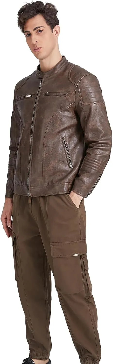 TZMAPU men's motorcycle PU leather jacket Punk style standing collar short jacket