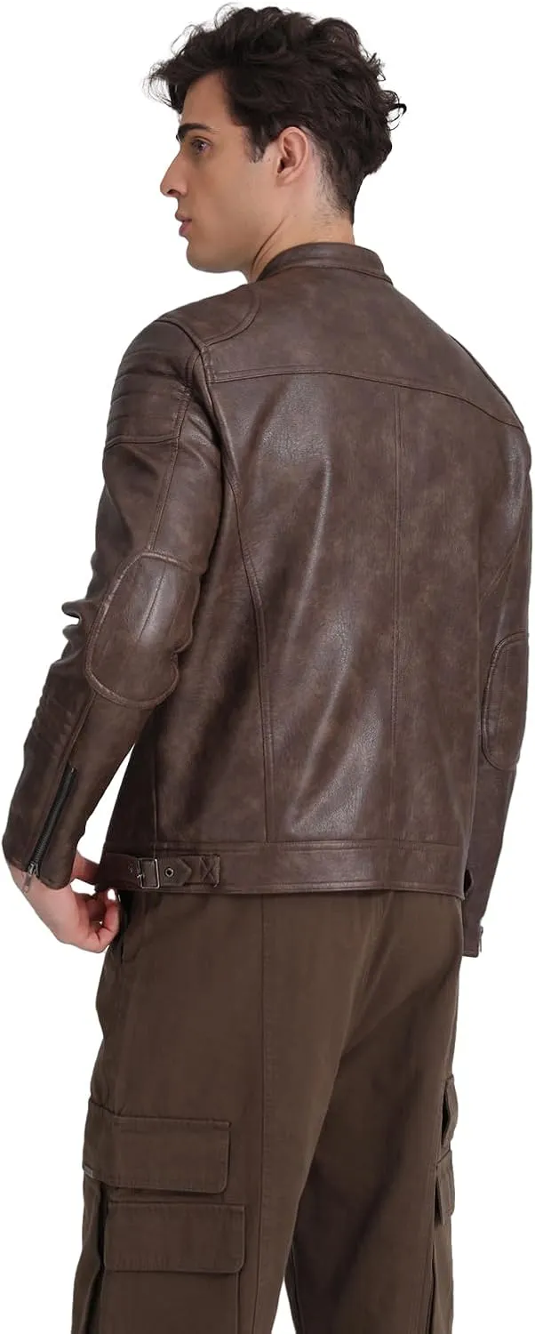 TZMAPU men's motorcycle PU leather jacket Punk style standing collar short jacket