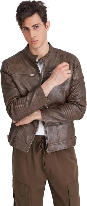 TZMAPU men's motorcycle PU leather jacket Punk style standing collar short jacket