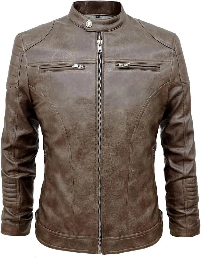 TZMAPU men's motorcycle PU leather jacket Punk style standing collar short jacket