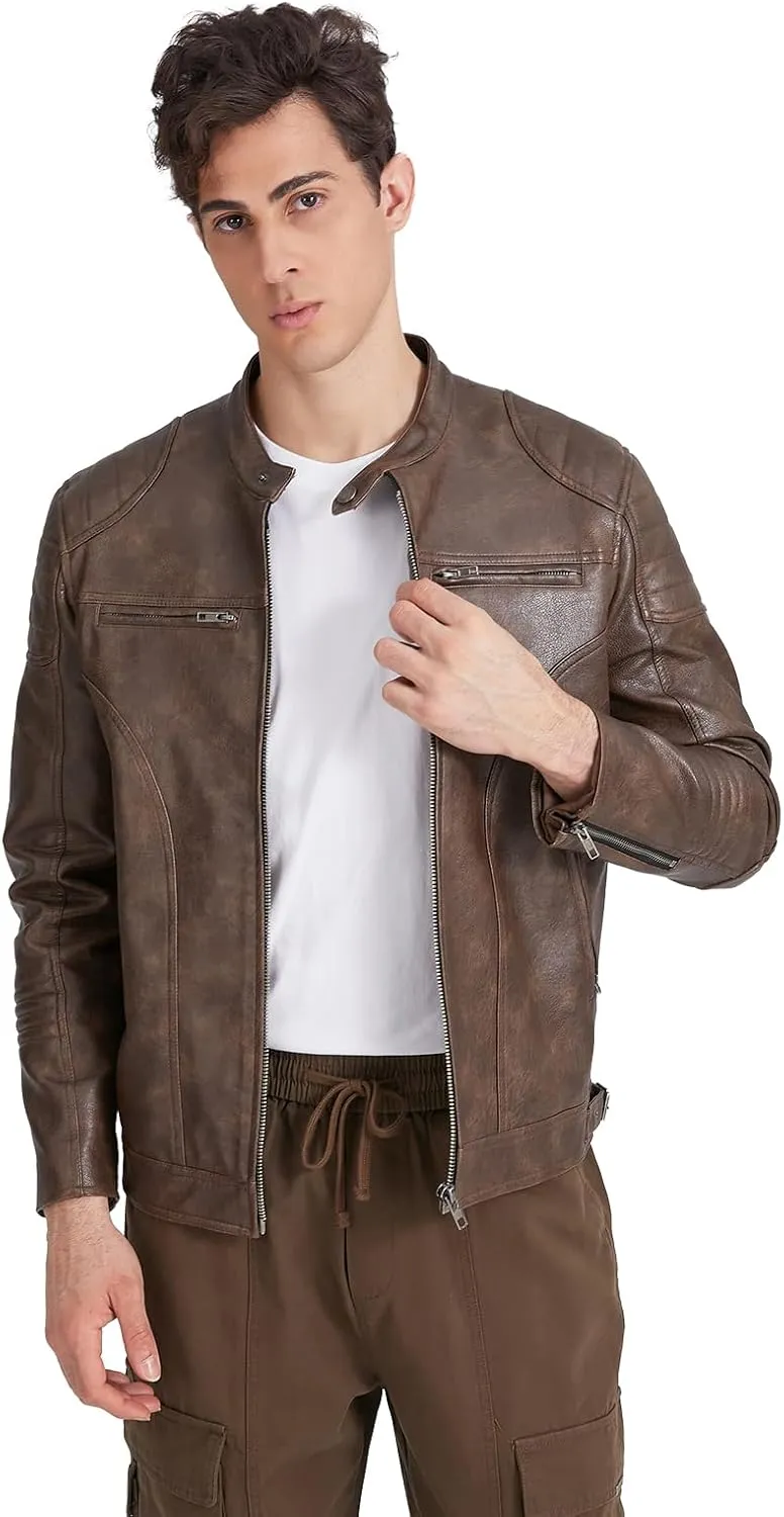 TZMAPU men's motorcycle PU leather jacket Punk style standing collar short jacket